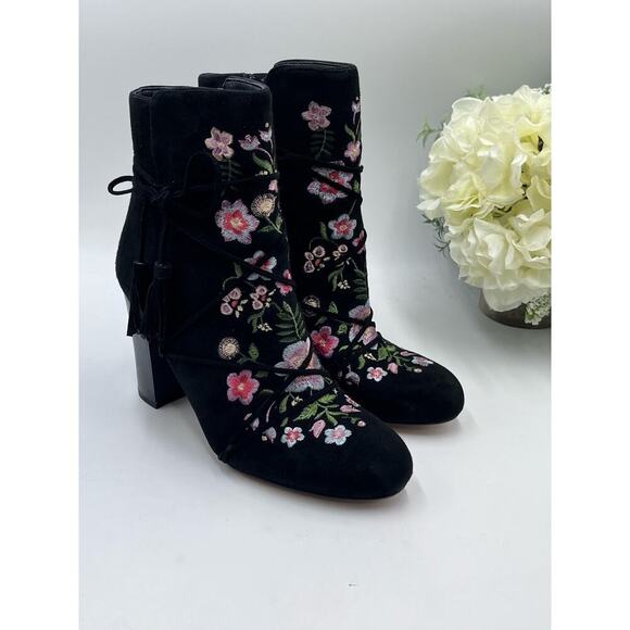 Sam Edelman Black Suede Embroidered Floral Winnie Block Heel Ankle Boots Sz 8 - Picture 1 of 15
